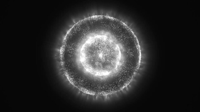 Radiant monochrome energy sphere with a glowing core and textured outer shell floats