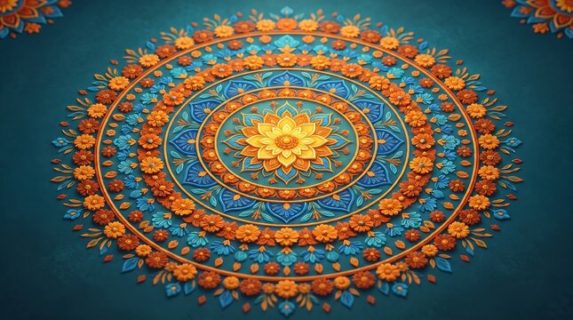 A vibrant and colorful circular rangoli design beautifully embodies the spirit of diwali the festival of lights and new beginnings celebrating joy