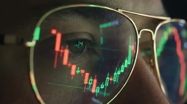 Trader watching stock market charts through glasses
