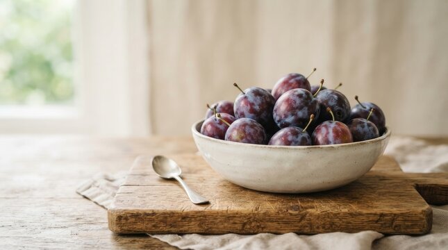 A bowl of dark purple plums sits on a wooden cutting board, surrounded by a linen napkin.