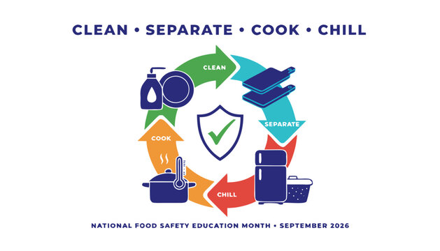 Food safety cycle infographic showing clean separate cook and chill steps