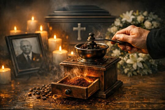 A person holds a coffee grinder above a pile of coffee beans, ready to grind