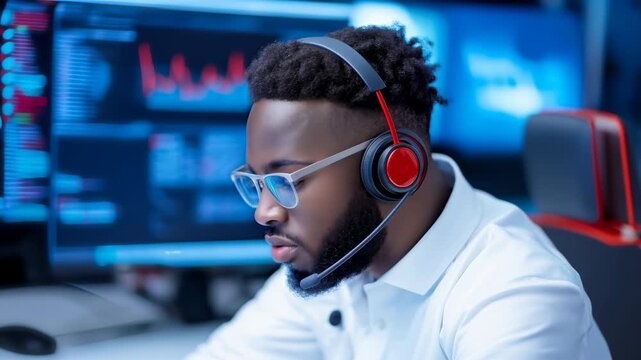 Man wearing a headset monitors data charts on multiple screens while working at a blue lit computer station