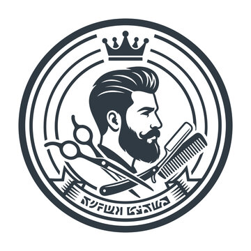 Barber shop logo with crown and tools.