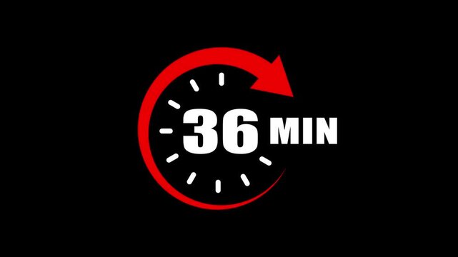 36 Minute Countdown Timer Animation with Circular Progress Indicator and Arrow. Circular timer icon indicating 36 minutes. 36 min clock icon animation for Time Management and Countdown Concepts.