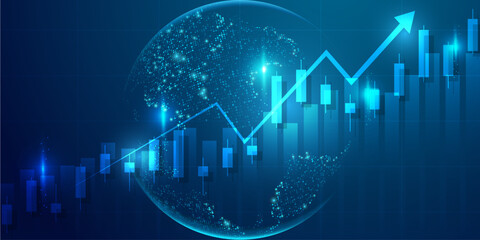 Fototapeta premium Abstract financial background with stock market candle chart and glowing digital data flow. 