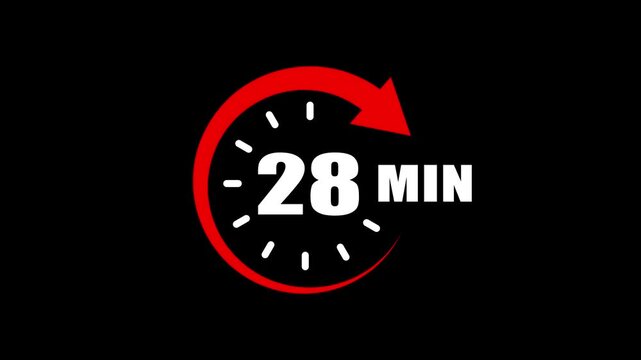 28 Minute Countdown Timer Animation with Circular Progress Indicator and Arrow. Circular timer icon indicating 28 minutes. 28 min clock icon animation for Time Management and Countdown Concepts.