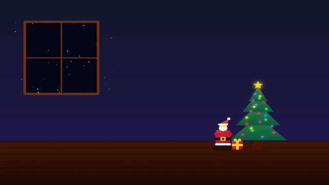 Santa Claus holding a gift box standing next to a decorated Christmas tree in a cozy room with a night window motion graphic loop