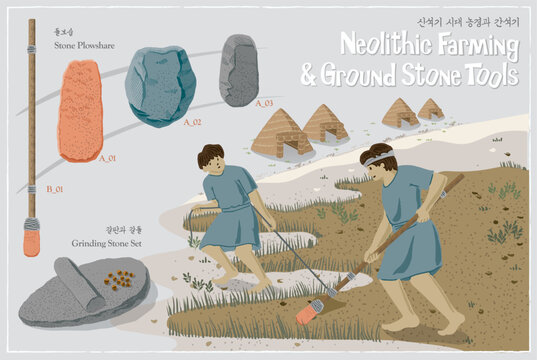 Korean Prehistoric Neolithic Farming and Ground Stone Tools Vector Illustration Set