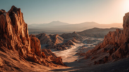 Naklejka premium Valle de la Luna in the Atacama Desert during golden hour, unique rock formations, warm desert colors, ultra realistic travel photography, no people