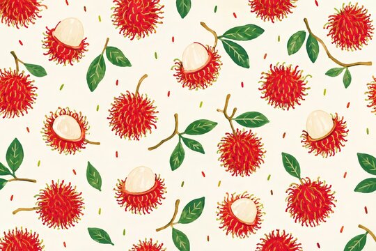 Airy seamless rambutan pattern with whole and peeled tropical fruit, leafy branches and scattered accents, Nephelium lappaceum
