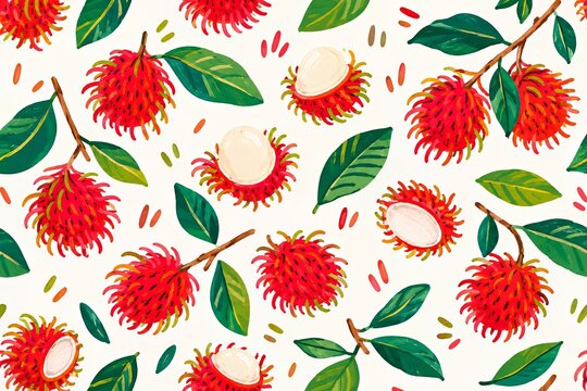 Hand-painted rambutan fruit pattern with green leaves and cut tropical fruit on an off-white background