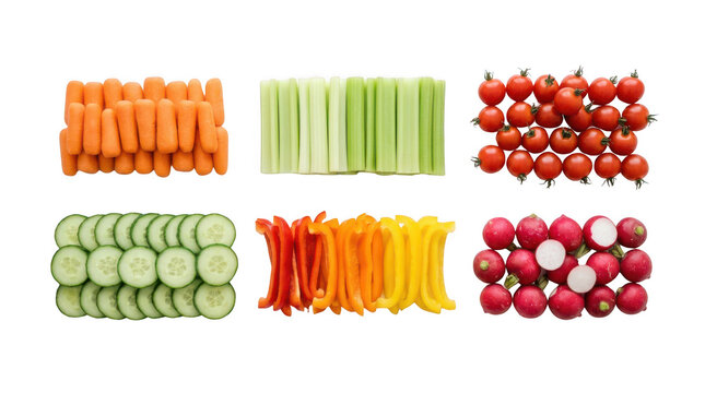 Fresh cut vegetables arranged in organized rows including carrots celery tomatoes cucumbers peppers and radishes