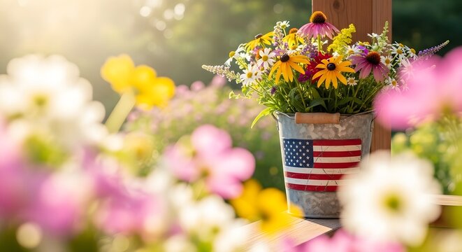 Wildflower bouquet in an American flag bucket on a sunny porch with soft bokeh