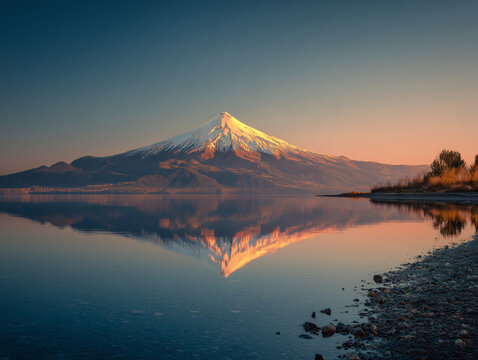 Villarrica Volcano with snow-covered summit reflected in Lake Villarrica at sunrise, crystal-clear atmosphere, ultra photorealistic, no people