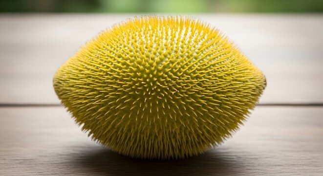Yellow spiky fruit resting on a wooden surface during daylight with soft bokeh background