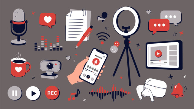 Podcast elements set design. Collection with microphone, comments, script, ring lamp light, communication, coffee cup, video camera, listening mobile phone app, earphones, more. Vector illustration.