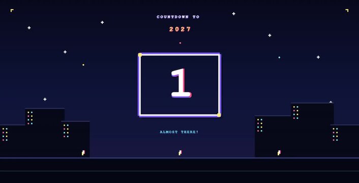 New Year 2027 Countdown Animation in Retro Pixel Art Style with Cityscape.