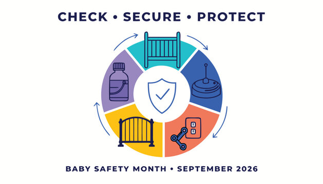 Colorful circular infographic illustrating essential home safety tips for newborn babies