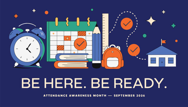 School attendance awareness month vector illustration with colorful educational supplies set