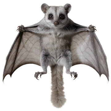 Small marsupial glider spreading wings isolated on white background.