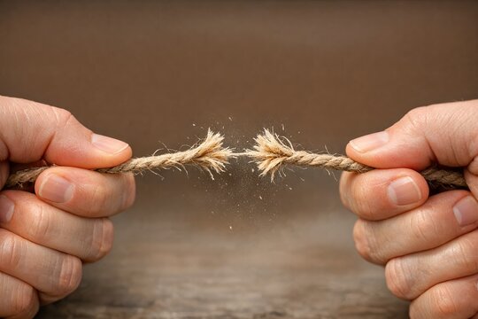 Two hands grasping a rope with a knot, pulling in opposite directions