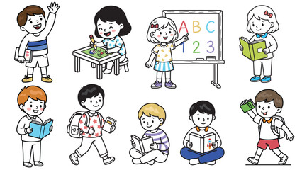 Cute Vector Cartoon Kids Back to School Character Set with Students Reading Drawing and Learning Activities