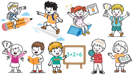 Fototapeta premium Vector Set of Happy Cartoon School Children Characters Learning and Celebrating Success on White Background