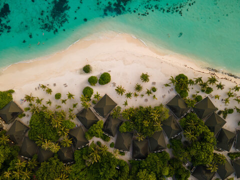 Aerial view of Meedhupparu resort featuring tropical villas with dark roofs nestled among lush palm trees along a pristine white sand beach, Raa Atoll, Maldives.