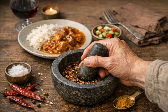 A person uses a mortar and pestle to grind food in a bowl, with a focus on the action of preparing a meal