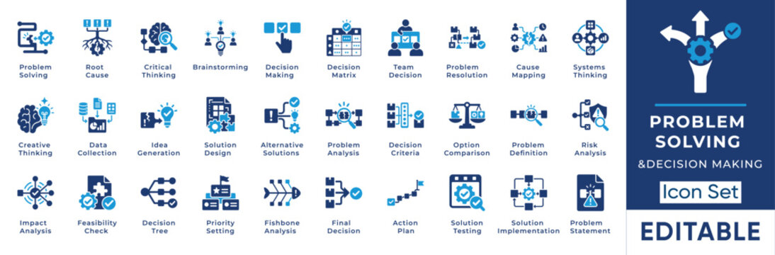 Problem solving and decision making solid icon set. Includes symbols for root cause, decision tree, and fishbone. Vector icons for corporate strategy and business management.