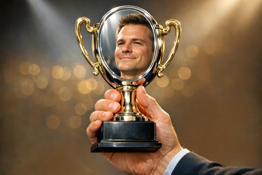 A person holds up a trophy in front of their face, expressing triumph or achievement