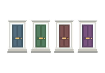 Fototapeta premium Cuatro puertas clásicas de diferentes colores con marcos blancos