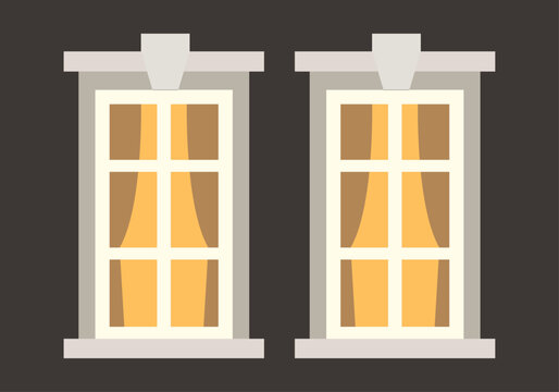 Dos ventanas iluminadas con cortinas sobre fondo oscuro
