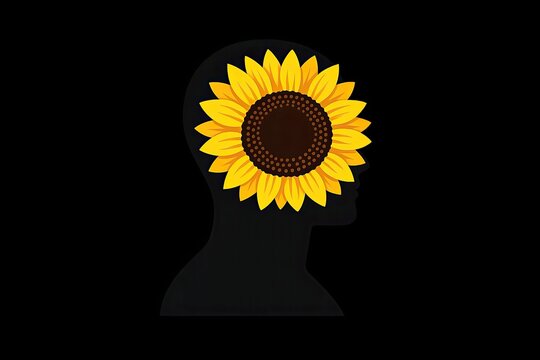 A creative sculpture made from a sunflower in the shape of a human head, great for illustration or art concept