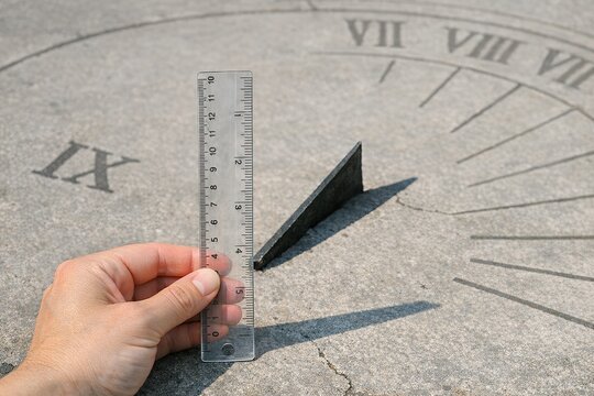 A person holds a ruler next to a sundial, measuring time