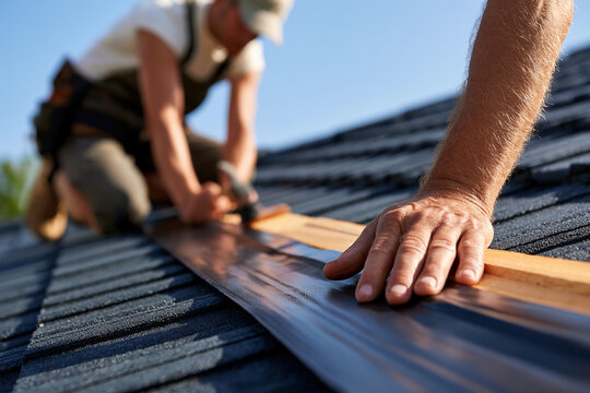 Workers install a roof on a house during a sunny day in a residential area