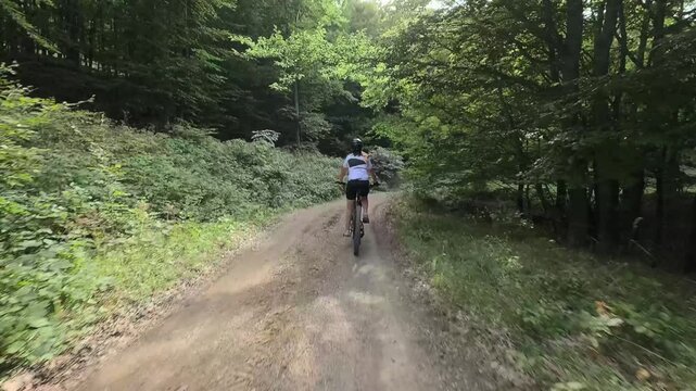 Donna bici MTB nella foresta e al lago Calamone