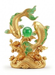Fototapeta premium Magnificent Chinese feng shui Koi carp sculpture symbolizing continuous prosperity featuring two golden fish swimming around an emerald jade pearl on detailed traditional wave pedestal