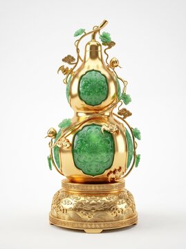 A luxurious 24K gold and emerald jade Wu Lou feng shui gourd sculpture symbolizing health and longevity resting on an ornate pedestal with intricate handcrafted.

