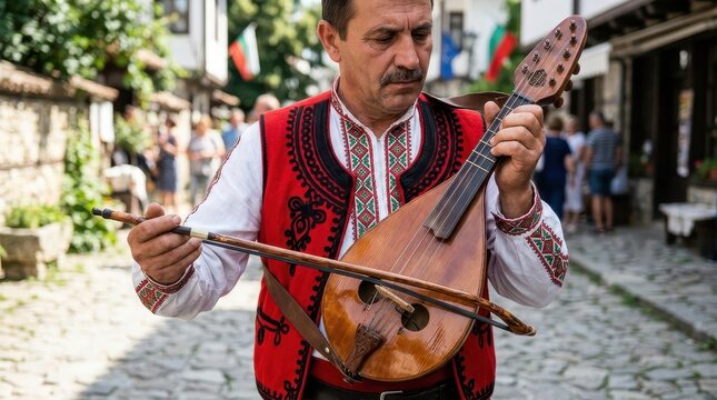 Bulgarian Musician in Traditional Folk Costume Playing Gadulka on a Cobblestone Street in Old Town Nesebar