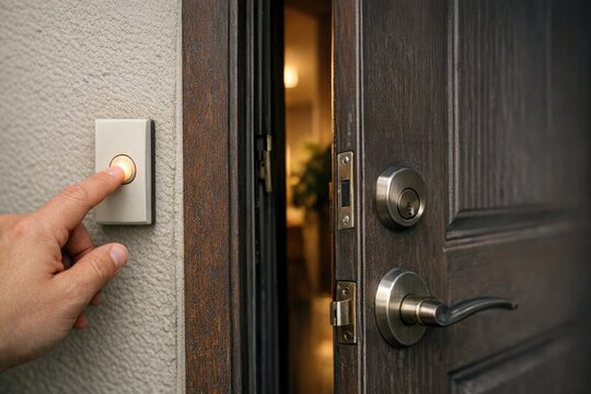 A person's hand presses a button on a door, possibly entering or exiting a room