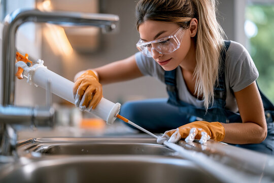 Person works on home repair in kitchen during daytime, using tools and materials to fix sink area