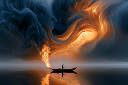 A boat floats on calm water while smoke and fire swirl above in a dramatic sky at sunset