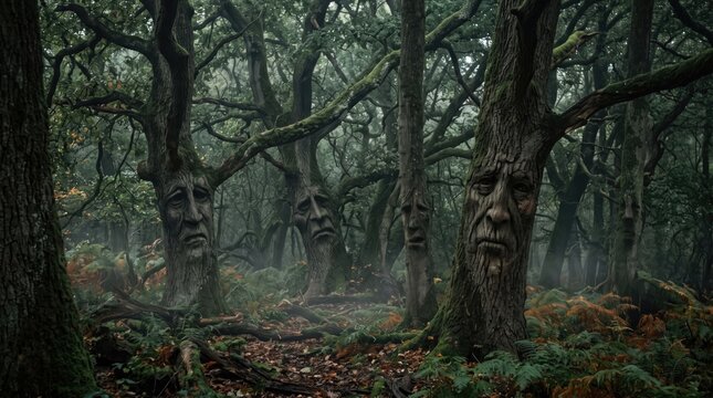 Enchanted forest with ancient trees featuring carved human faces woodland mythology
