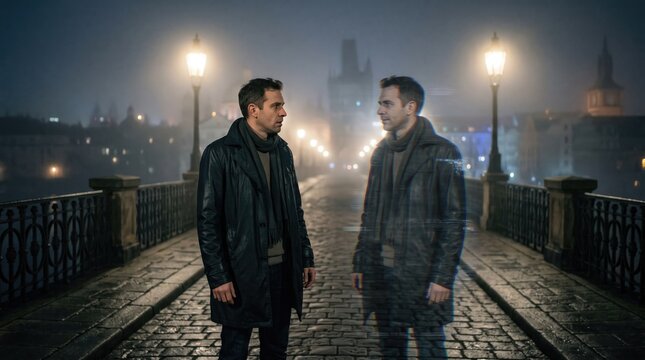 Two men standing on old stone bridge in foggy city street at night with detective
