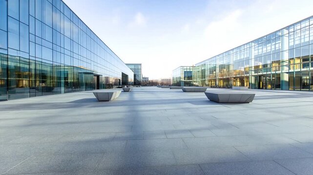 Modern glass office buildings surrounding a spacious paved plaza with geometric concrete benches under cloudy skies