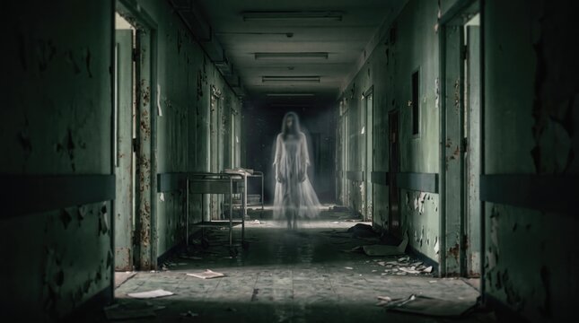 Ghostly female figure standing in a dark hallway of an abandoned creepy psychiatric