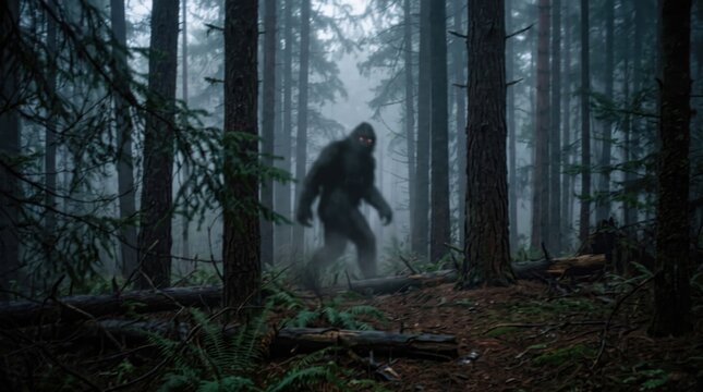 Bigfoot cryptic creature walking through a dense foggy pine tree forest wilderness