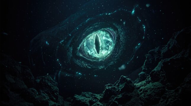 Enormous glowing magical eye floating underwater in a dark deep ocean abyss with mystical